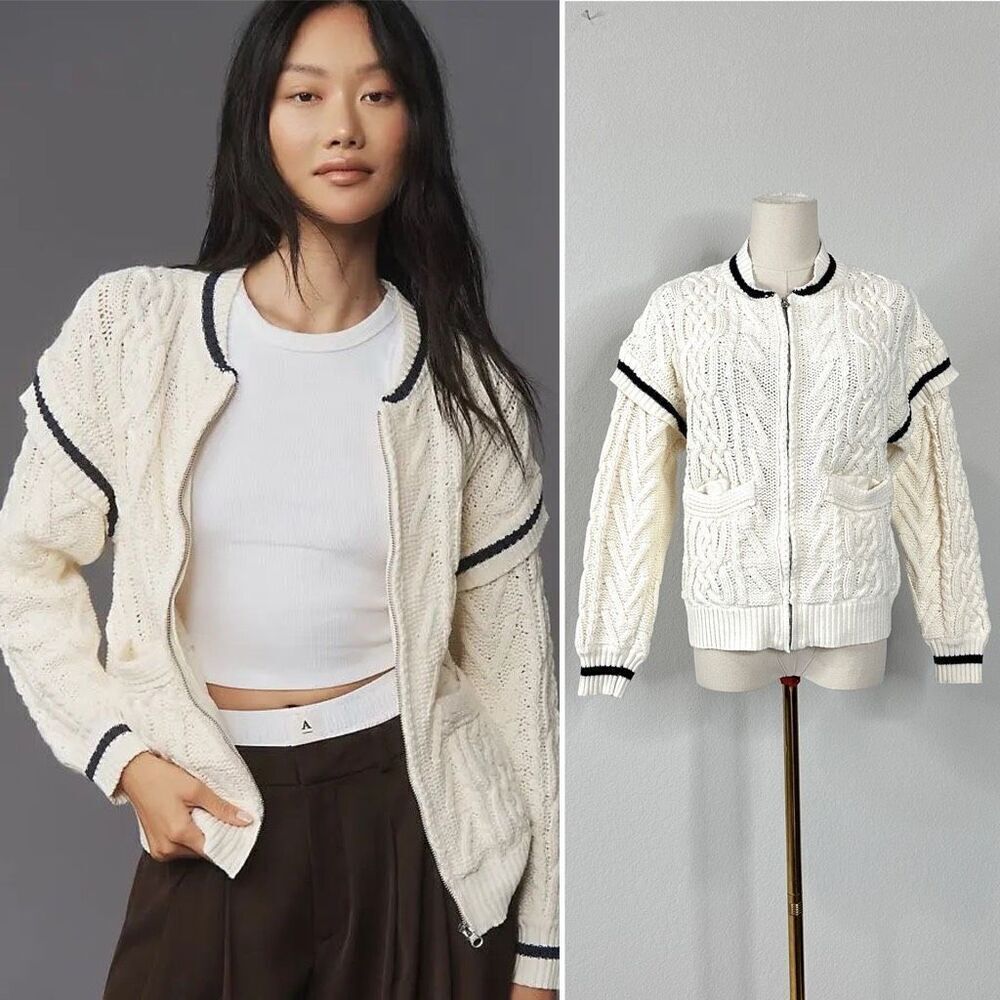 Anthropologie Cable Knit Bomber Sweater XS Cottage Academia Fisherman Cardigan